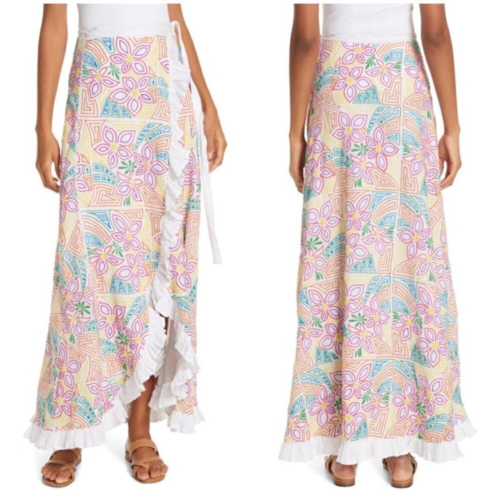 All Things Mochi Embroidered Floral Linen Wrap Maxi Skirt White Multi S Nwt — image 2 of 8